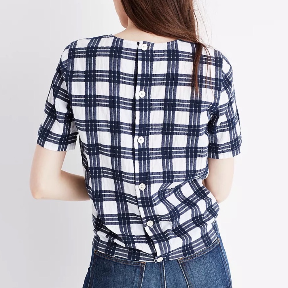 Madewell Blue Plaid Tie Front Buttons Down Blouse Top - Picture 4 of 12